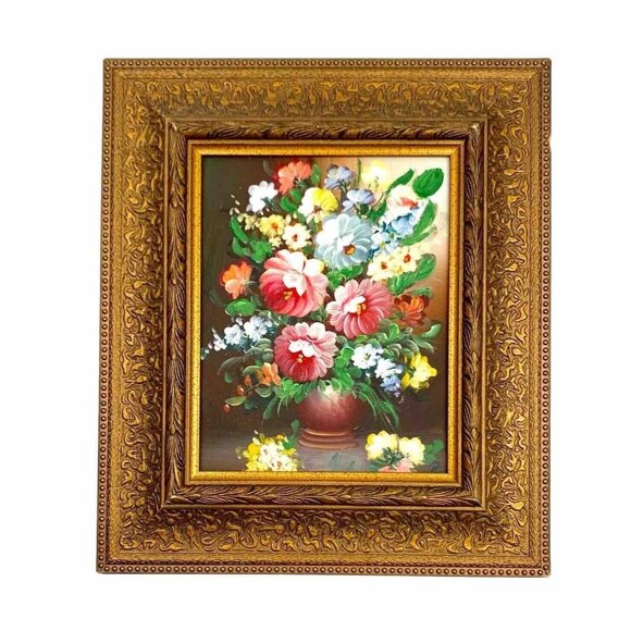 Painting Flower in Vase in Golden Frame Oil on Board Vintage Art Decor